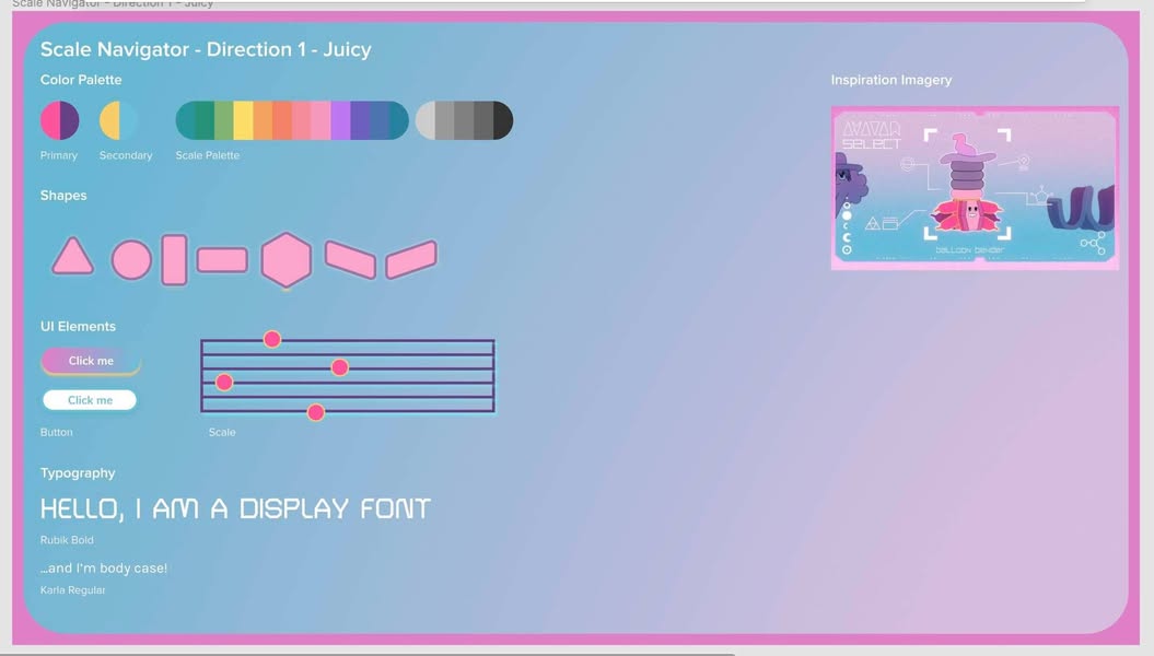 Freeman brothers' brand board for the Juicy direction: color palette, scale-class shapes, UI elements, and display typography on a pink gradient