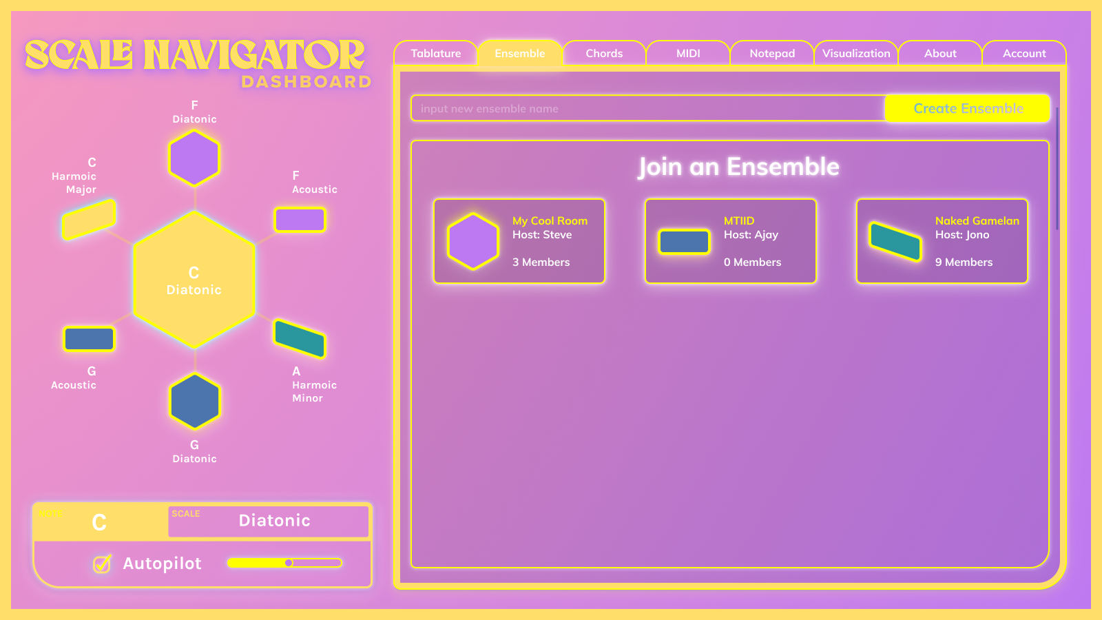 Jono and Dylan Freeman's pink desktop UI concept: a Join an Ensemble screen with cards for shared rooms