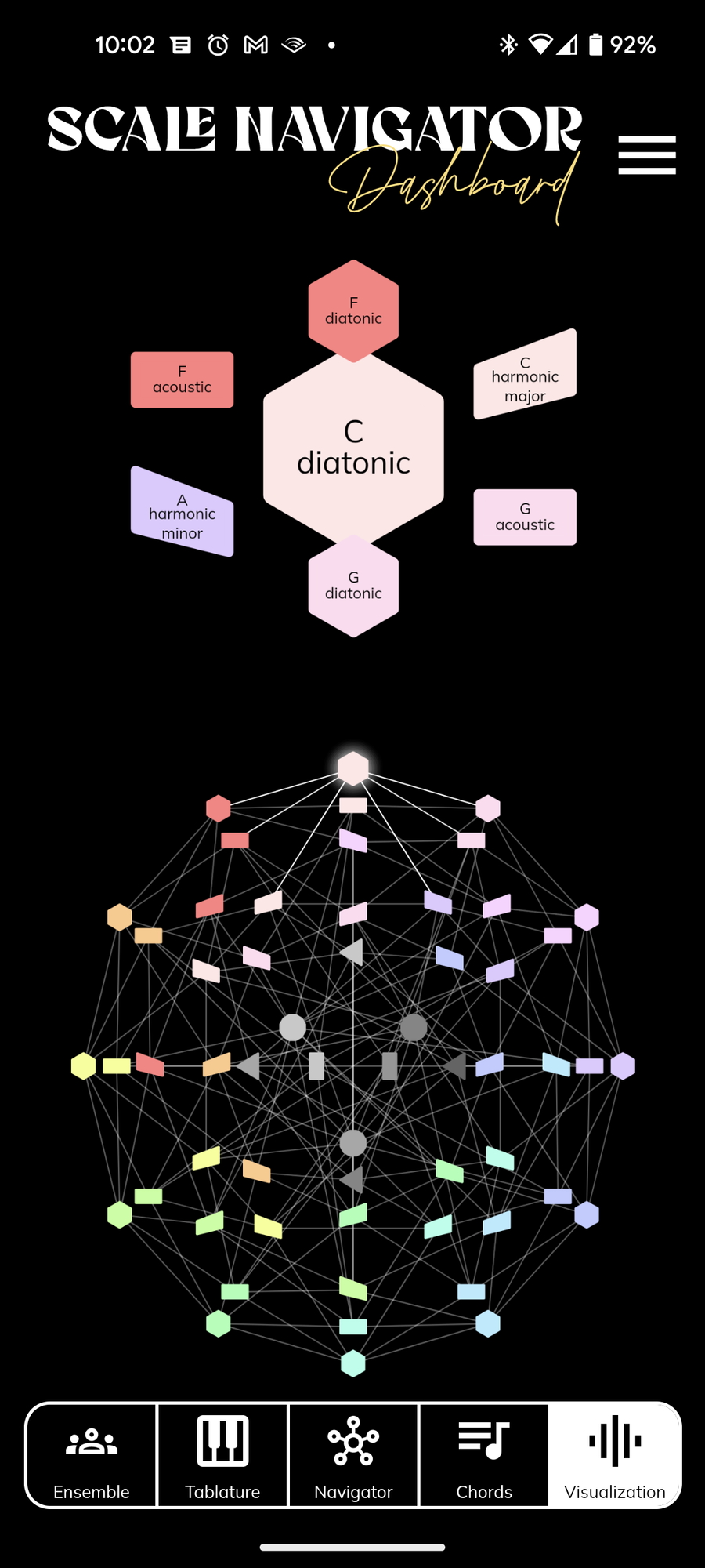 Android build of the Navigator tab: C diatonic hexagon with six neighbors above the full 57-scale network, black and yellow theme