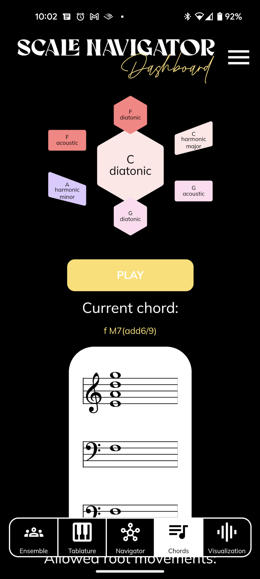 Android build of the Chords tab: the current scale above a Play button, the current chord, and its notation on grand staves