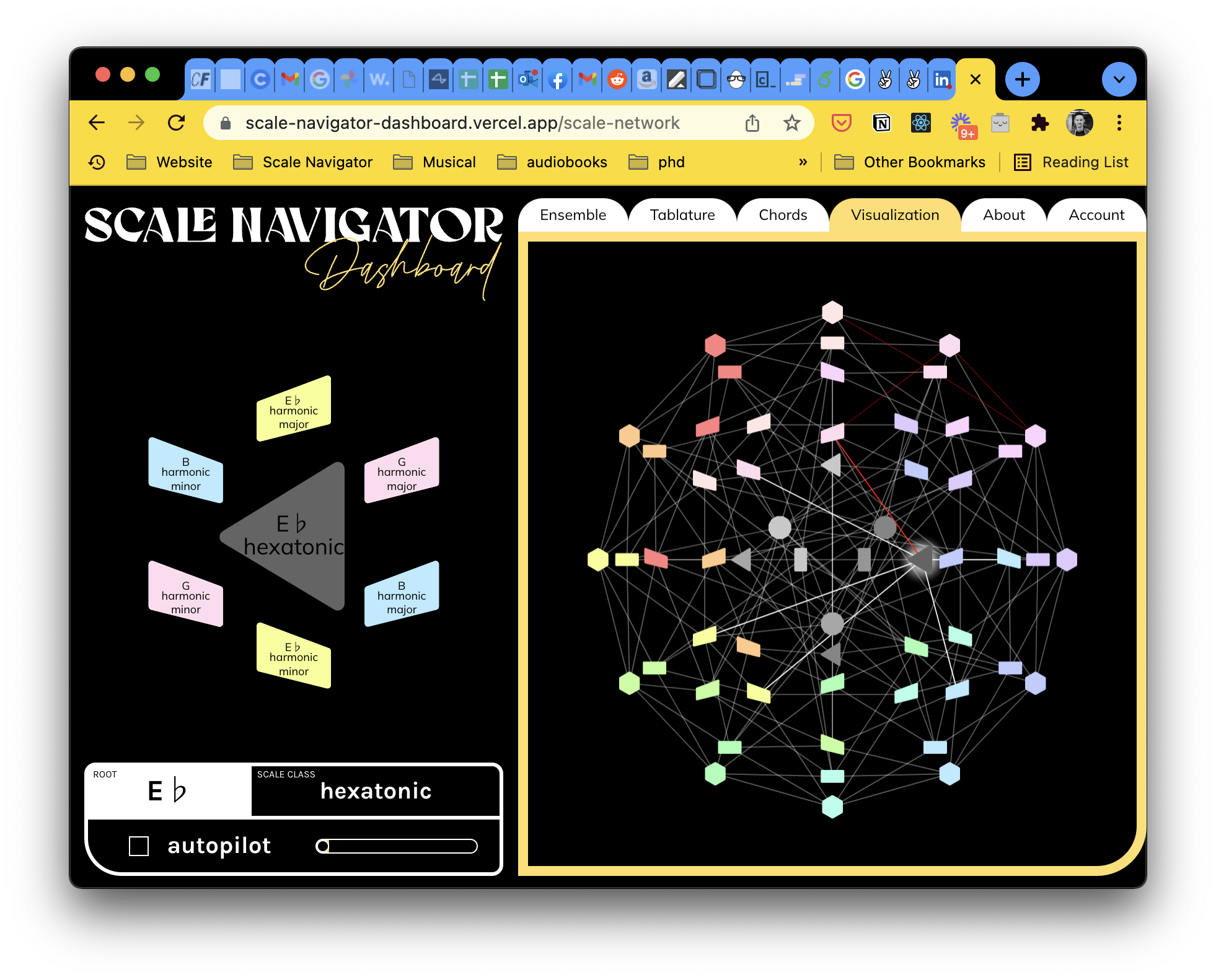 Mid-period desktop app in the browser: black and yellow theme showing E-flat hexatonic above the full scale network