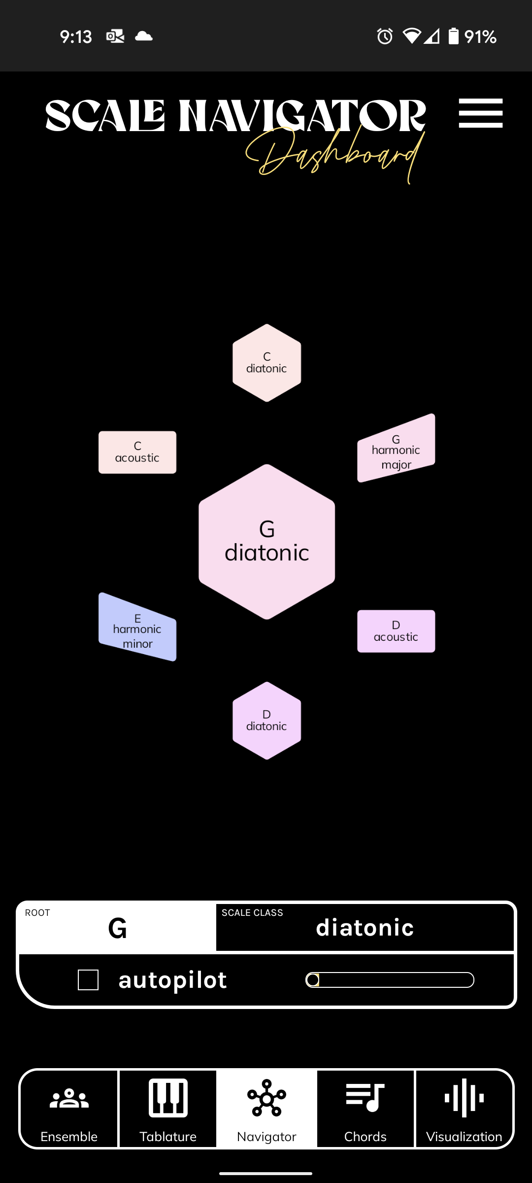 Mid-period mobile build: black theme with the script Dashboard wordmark, G diatonic at the center of the network