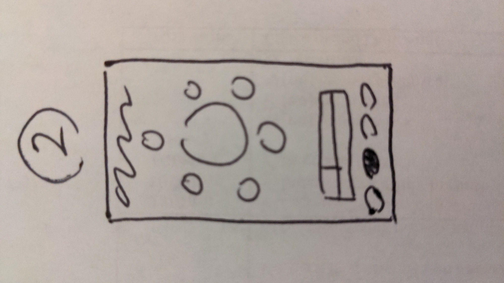 Pen wireframe numbered 2: the center scale and its neighbors fitted inside a phone outline, with a menu list and tablature panel sketched beside it