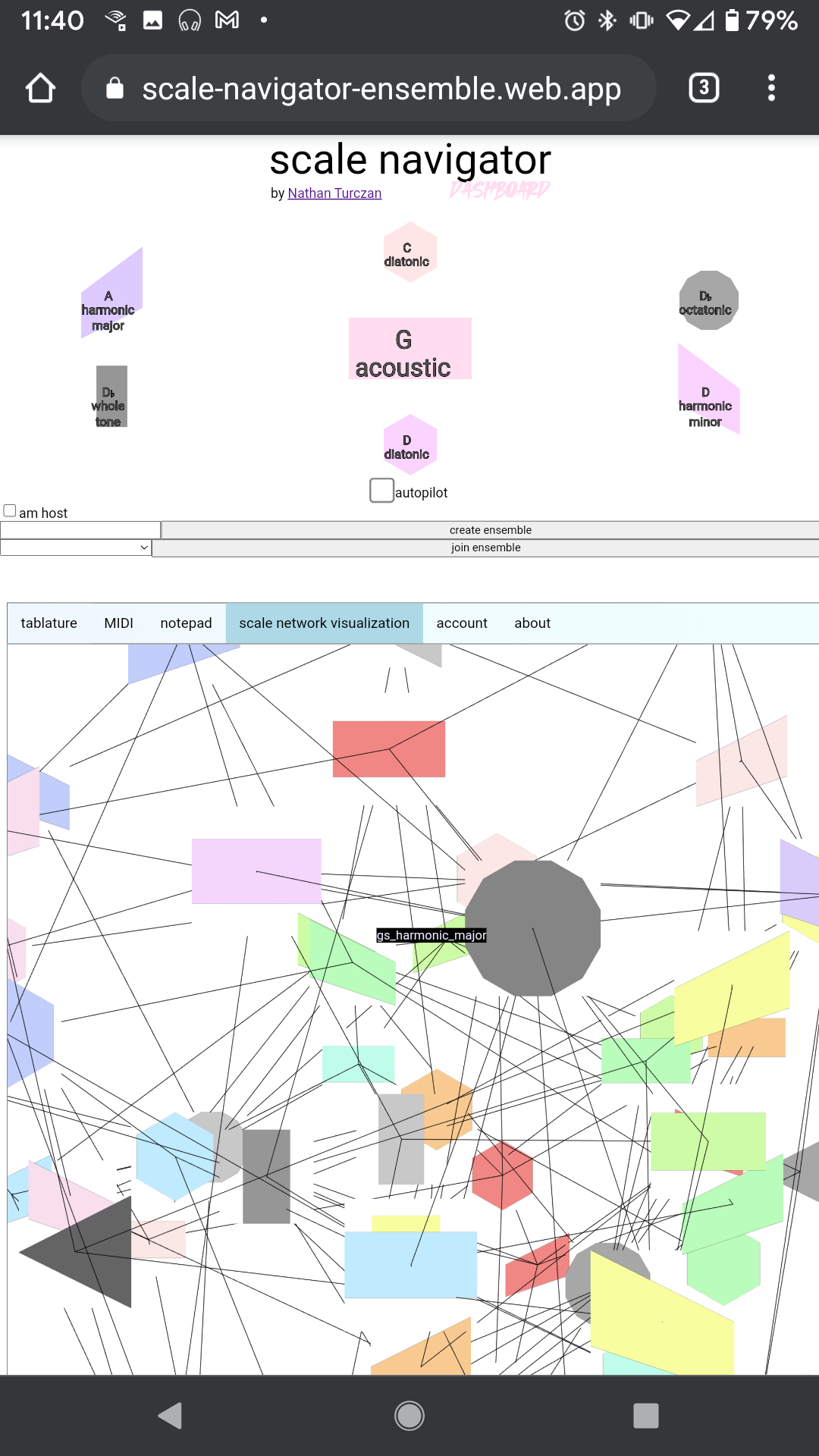 Vanilla JavaScript app on a phone: the full scale network as colored polygons joined by edges