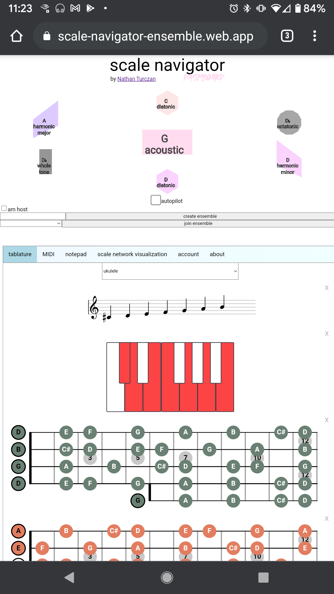 Vanilla JavaScript app on a phone: tablature view with a staff, piano keys, and ukulele fretboards