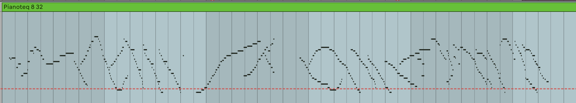 A piano roll of MIDI recorded from Ensemble Jammer's harp mode: long fluid arcs, sweeps, and cascades of notes, every one inside the harmony