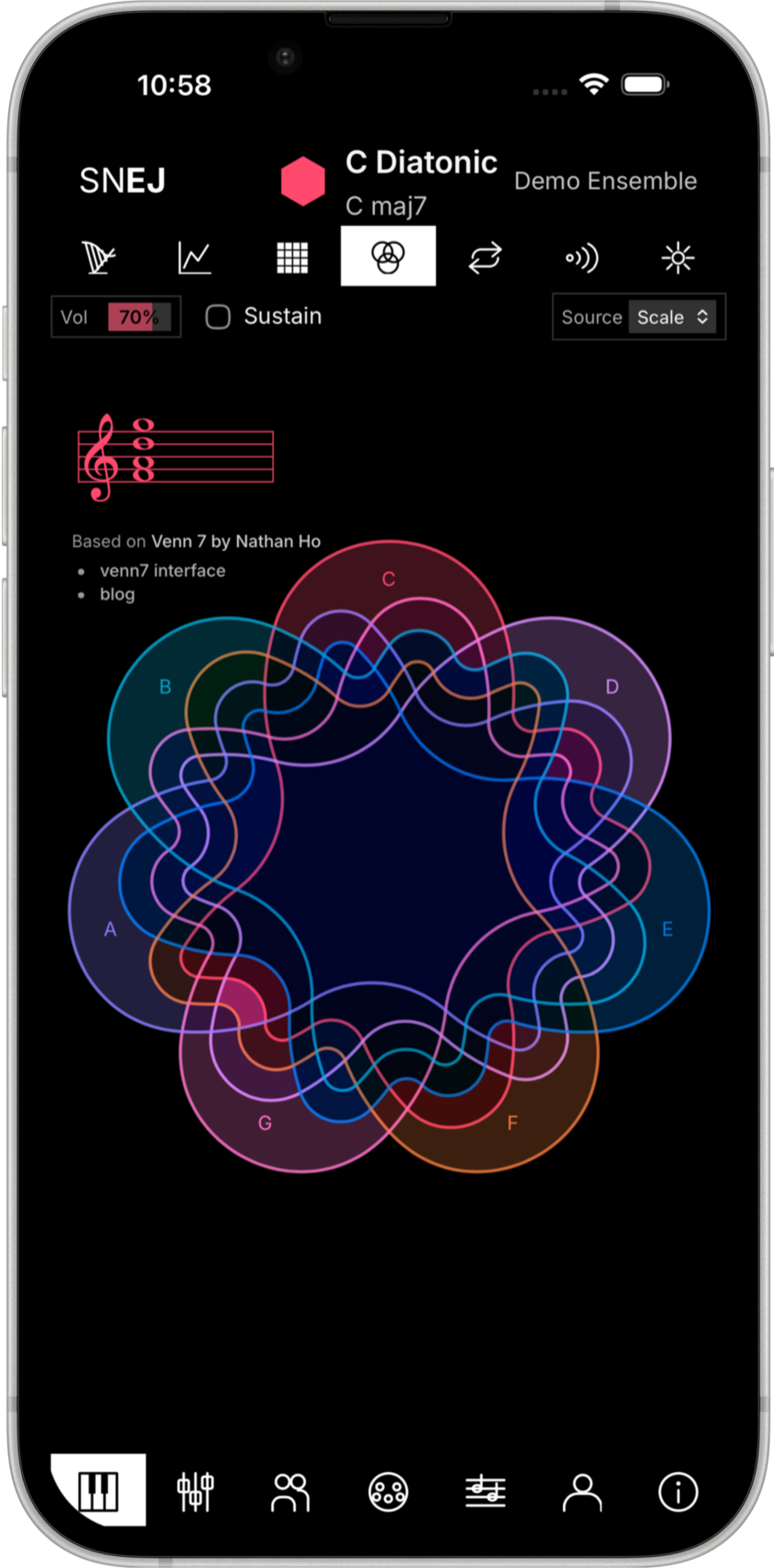 Nathan Ho's Venn7 instrument on an iPhone: seven interlocking colored curves labeled A through G, retuning as the harmony changes