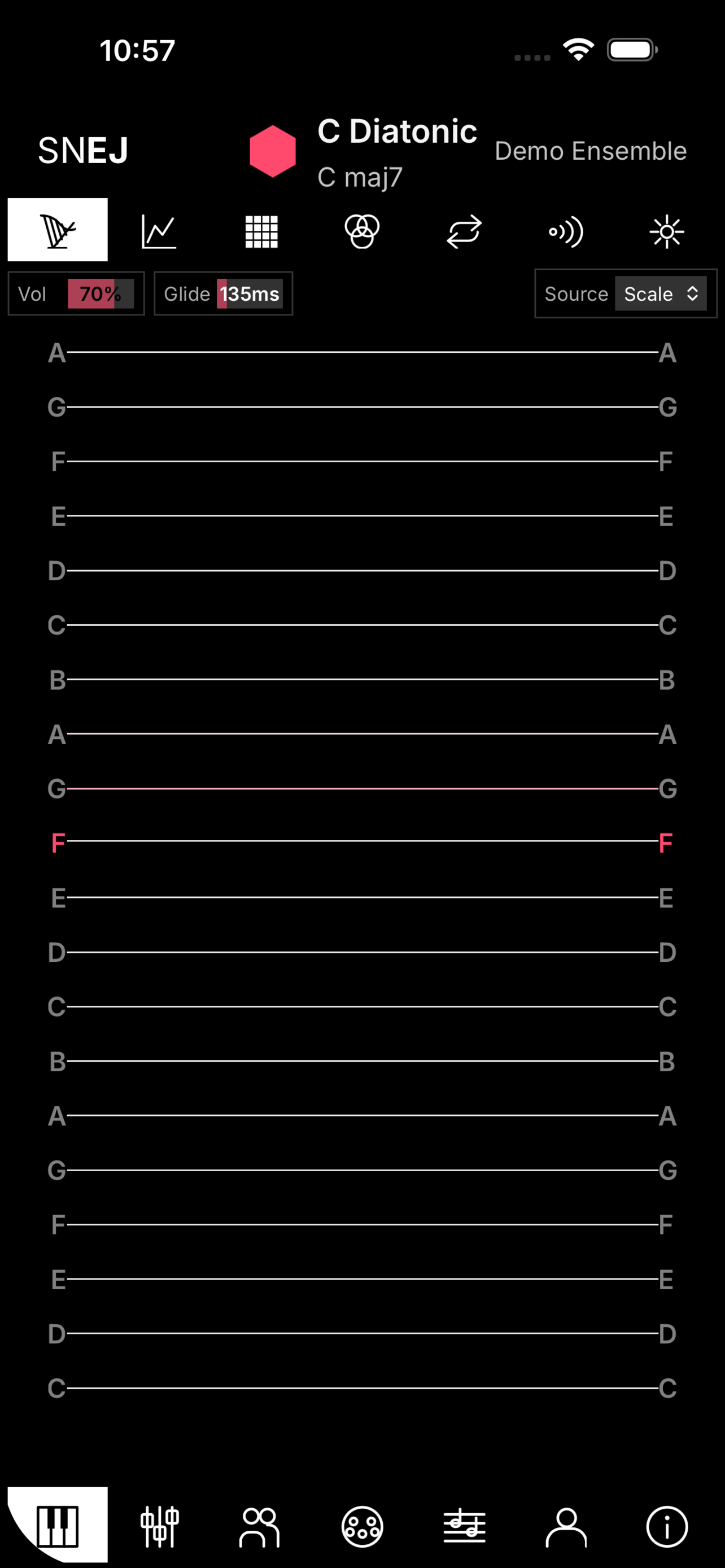 Harp on a phone: strings labeled with the notes of the current scale