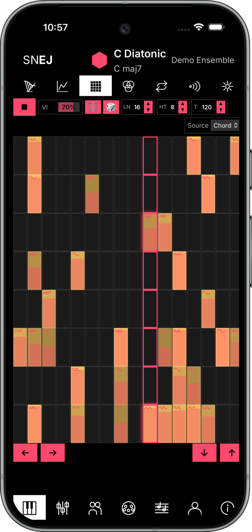 Melody Maker on a Pixel: a step-sequencer grid where every cell is a note that fits the current harmony