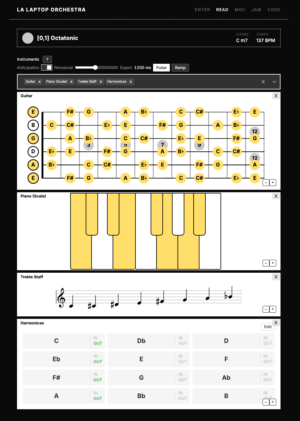 READ tab with anticipation controls: lookahead presets, Pulse/Ramp styles, and four instrument views