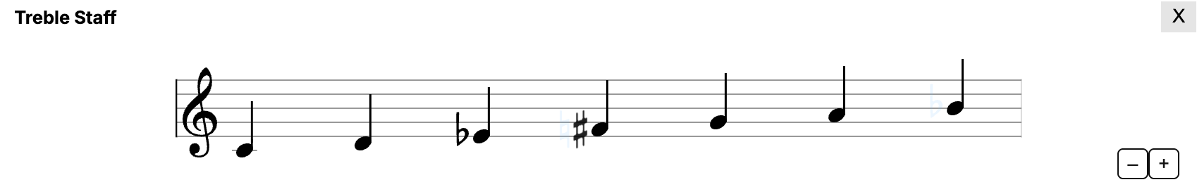 Treble staff with incoming accidentals shown in blue