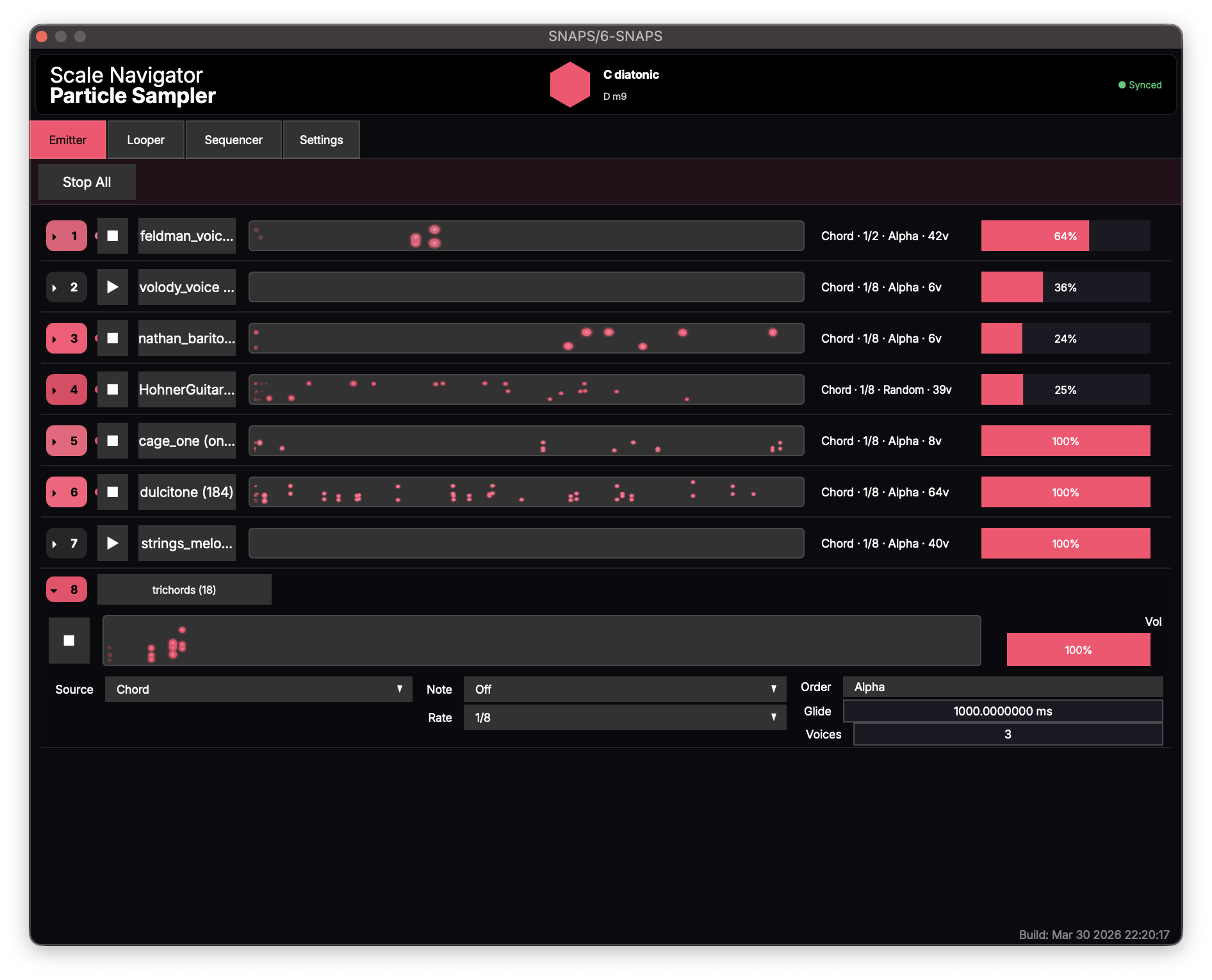 The shipped Emitter tab of the SNaPS plugin, showing eight lanes of moving dots with per-lane source, rate, order, glide, and voice controls
