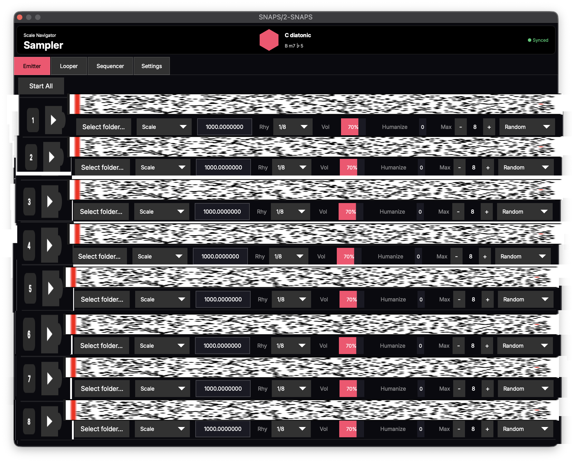 Wireframe of the plugin window with eight emitter lanes, each a dense dot field