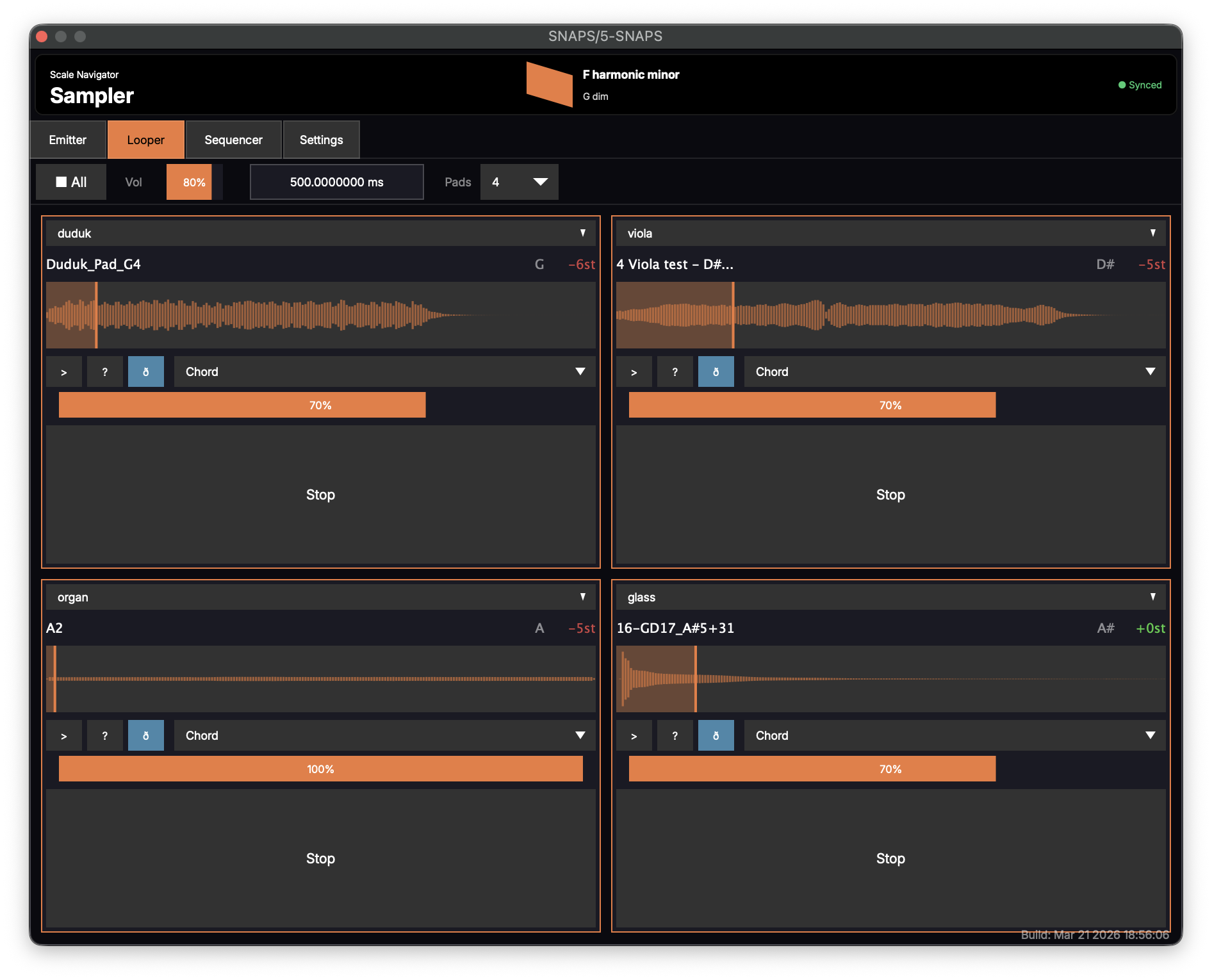 The Looper tab in F harmonic minor: four pads (duduk, viola, organ, glass), each with a waveform and a transposition badge