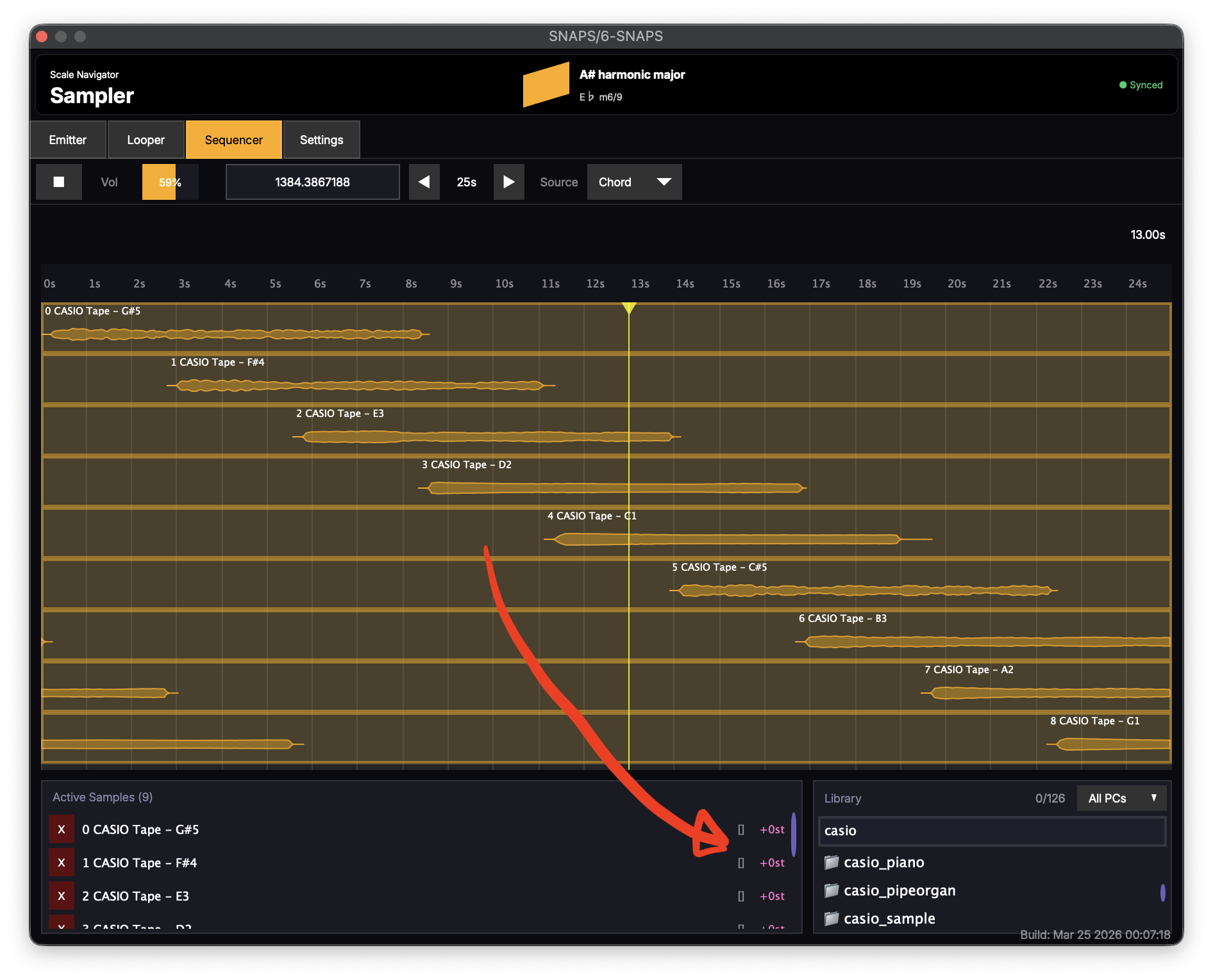 The Sequencer tab in A-sharp harmonic major: sample lanes staggered across a timeline, with an active-samples list showing per-sample transpositions