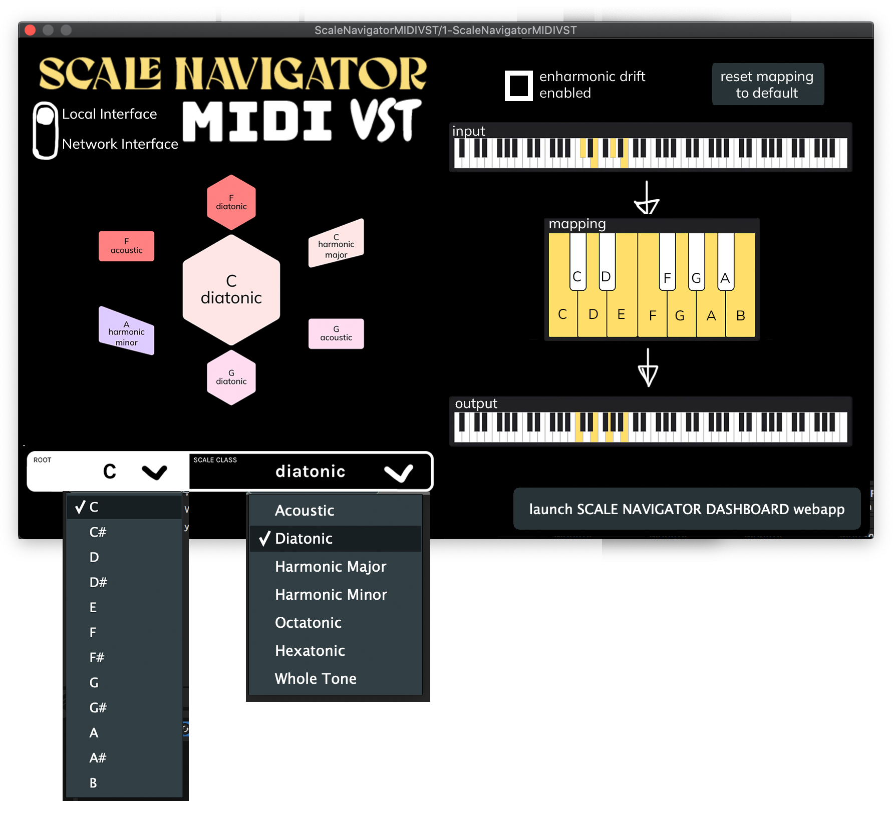 February 2022 mockup: the correction drawn as three stacked keyboards showing input notes, the re-mapping, and output notes, with Local/Network toggle and Enharmonic Drift checkbox