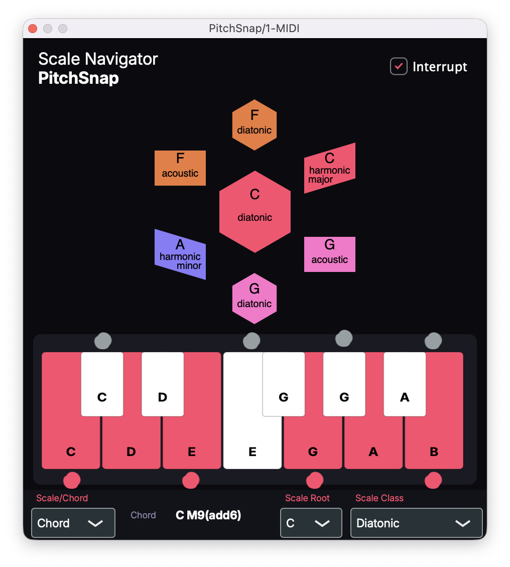 PitchSnap plugin window, 2026, annotated by hand: gray dots above the keys marking incoming notes, red dots below marking corrected notes