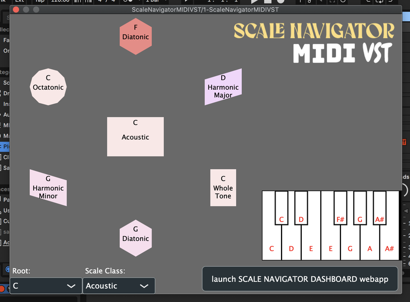 Scale Navigator MIDI VST running in a DAW, January 2022: a single folded keyboard row showing the scale mapping, with the launch-webapp button